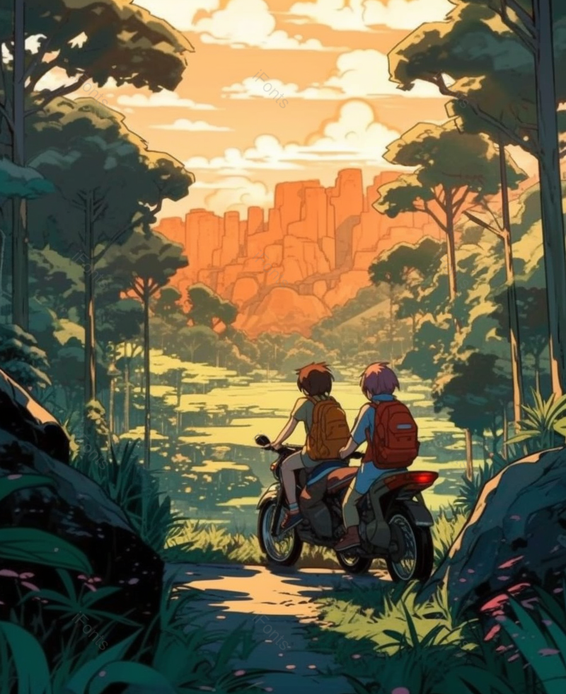 户外山林骑摩托车男孩休闲背影背景,插画/手绘图,插画/手绘图库,插画/手绘图下载,插画/手绘